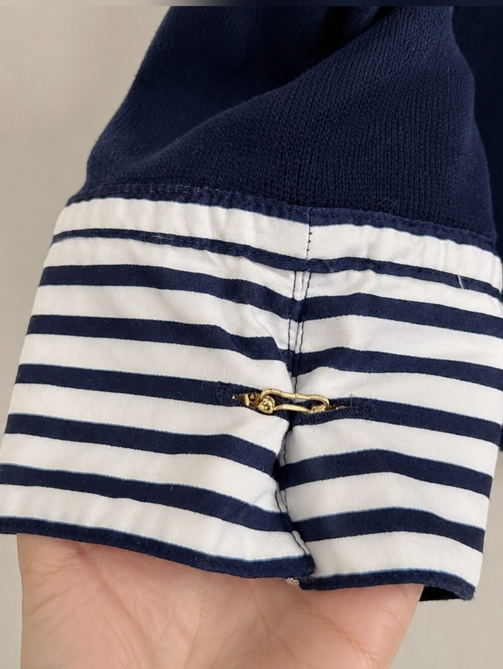Jones New York Navy Striped Collar Knit Top Gold Buttons M - Picture 4 of 9